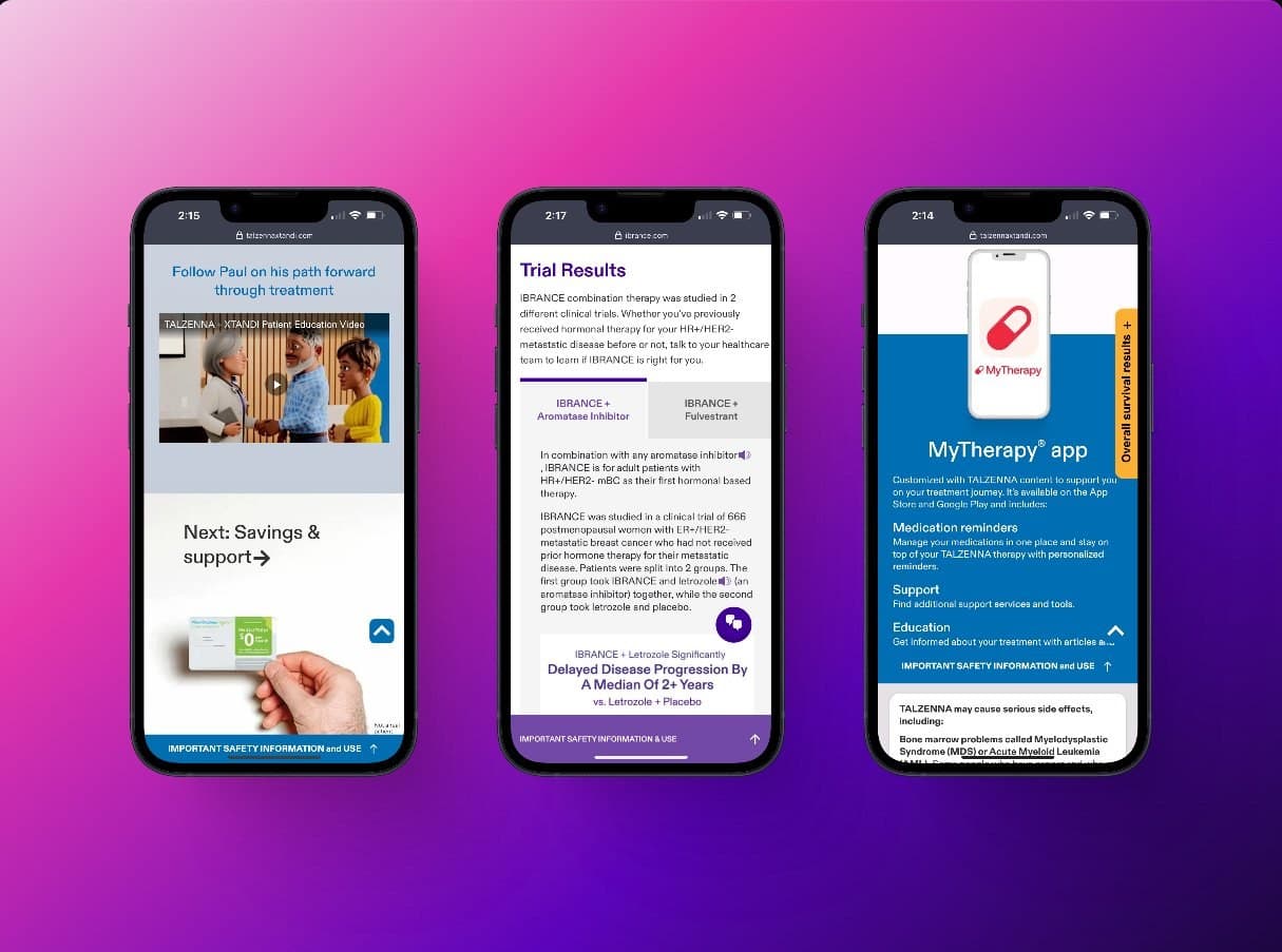 Three branded mobile screens showing patient education video, treatment trial results content, and a companion medication tracking app, distinct brand identity expressed within the shared design system