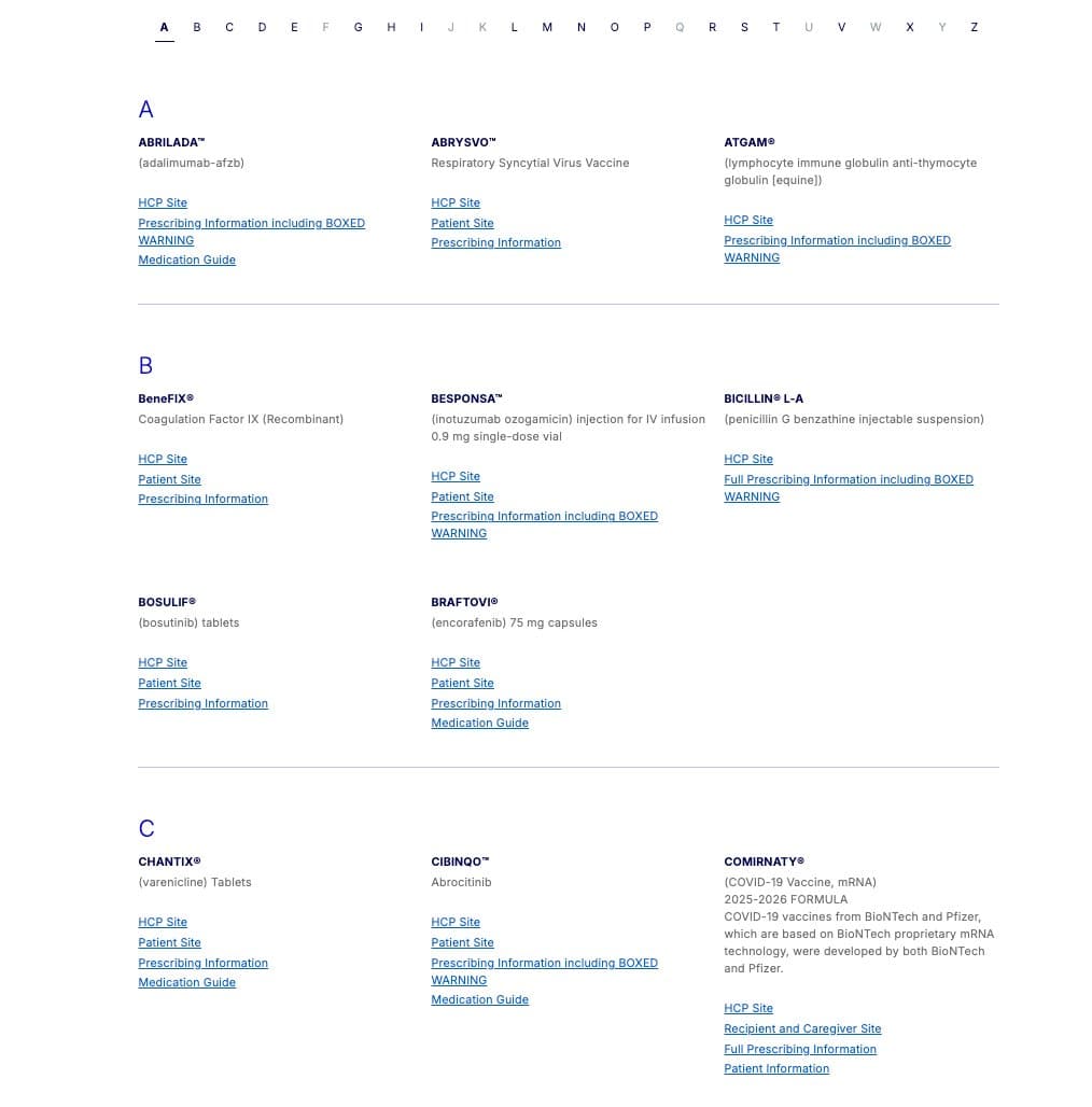 Pfizer brand index showing the full A–Z portfolio of 70+ product brands, each with HCP, patient, and prescribing information surfaces