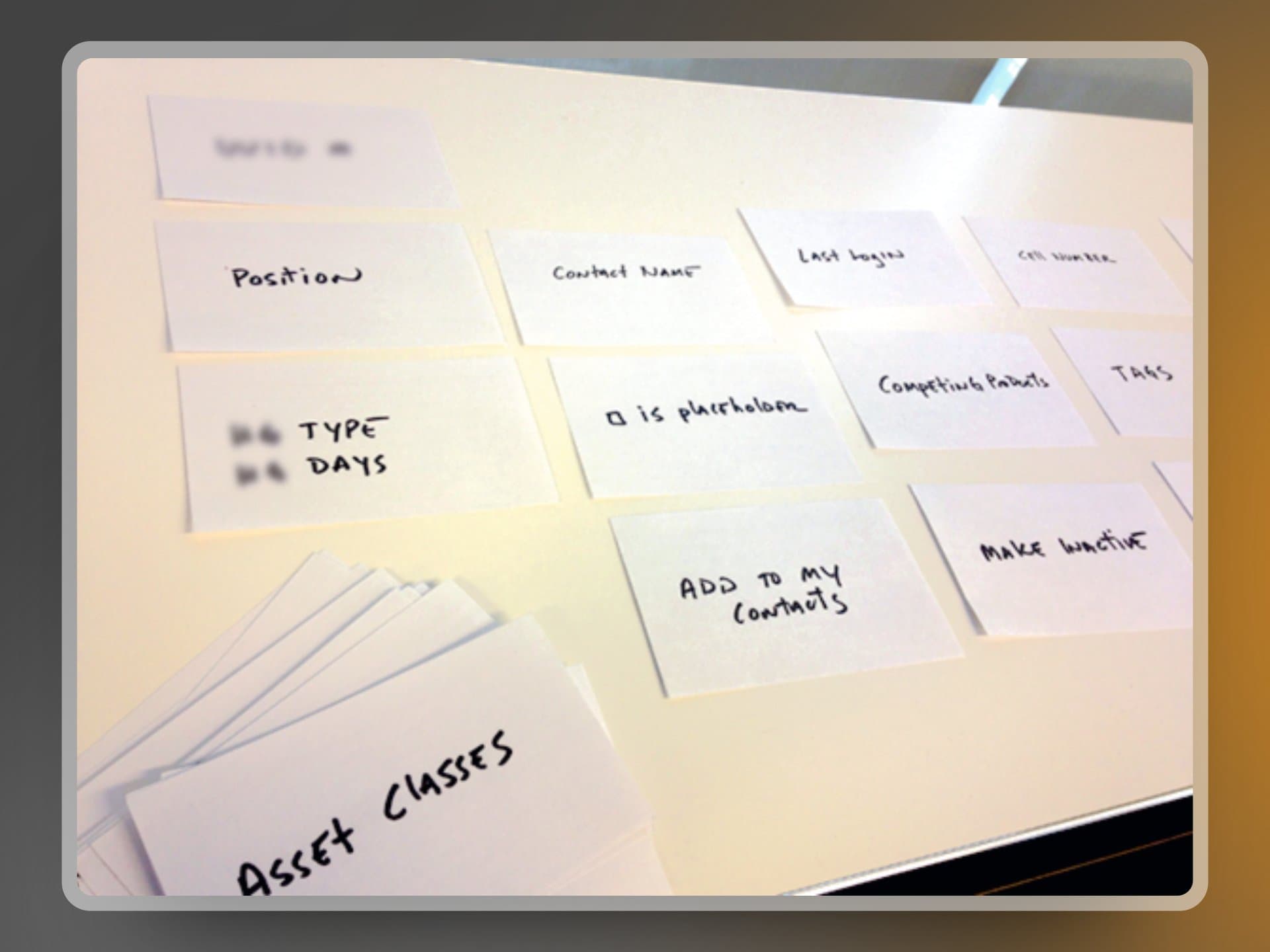 Handwritten card-sort cards laying out the rep data model: Position, Contact Name, Last Login, Cell Number, Type, Days, Competing Products, Tags, Asset Classes, Add to My Contacts, Make Inactive