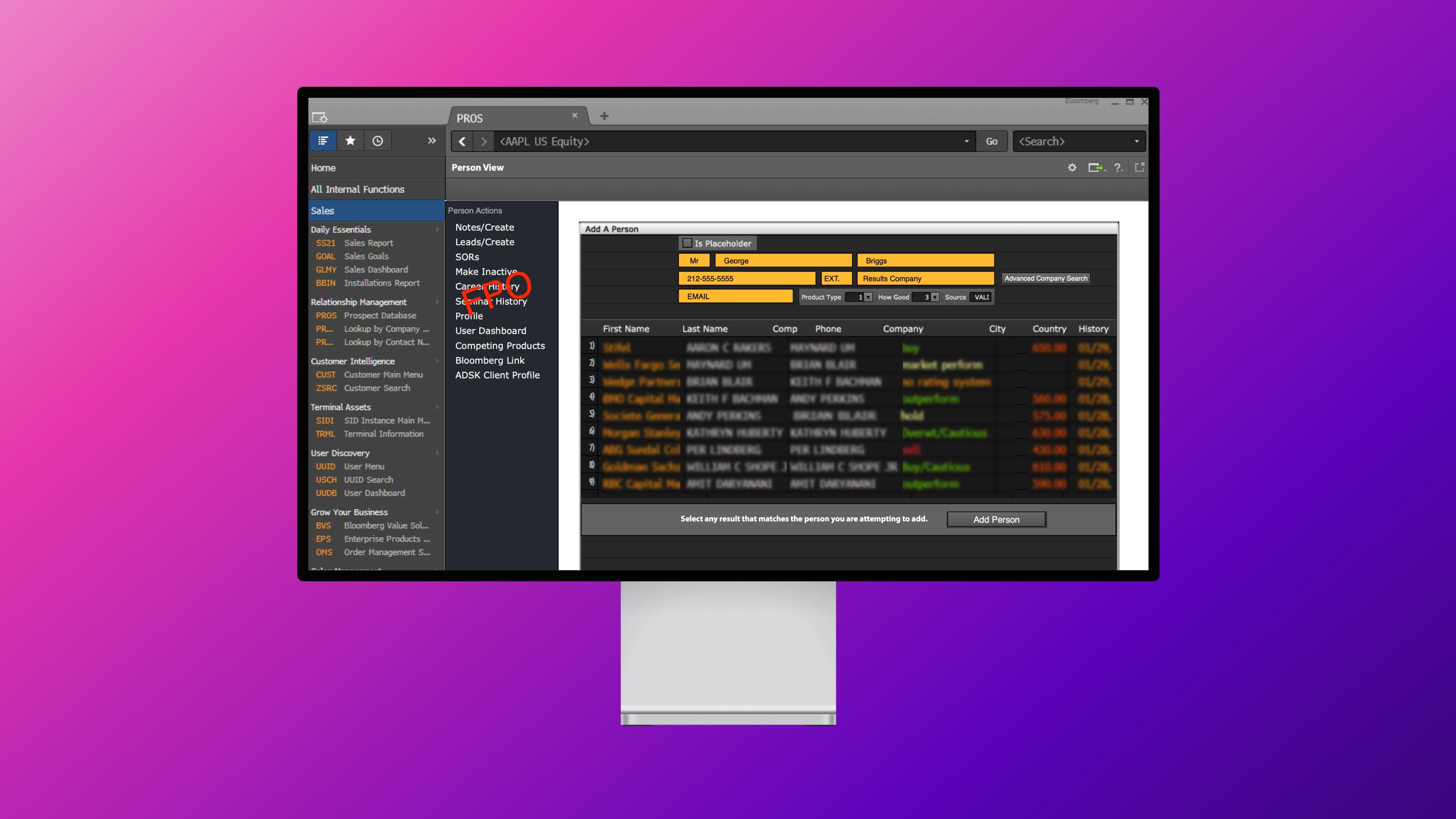 PROS Person View rendered live inside the Bloomberg terminal: Sales menu, Customer Intelligence, Terminal Assets navigation alongside live prospect data table