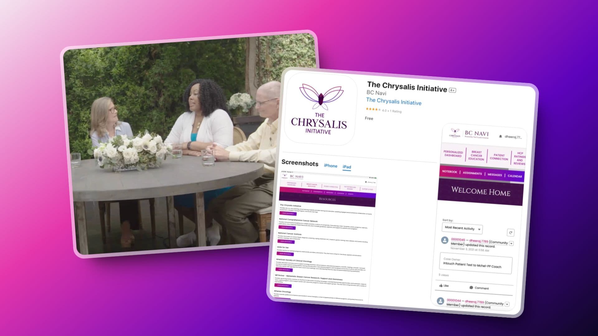 BC Navi platform marketing moment: documentary still, App Store listing, and the iPad-rendered member experience