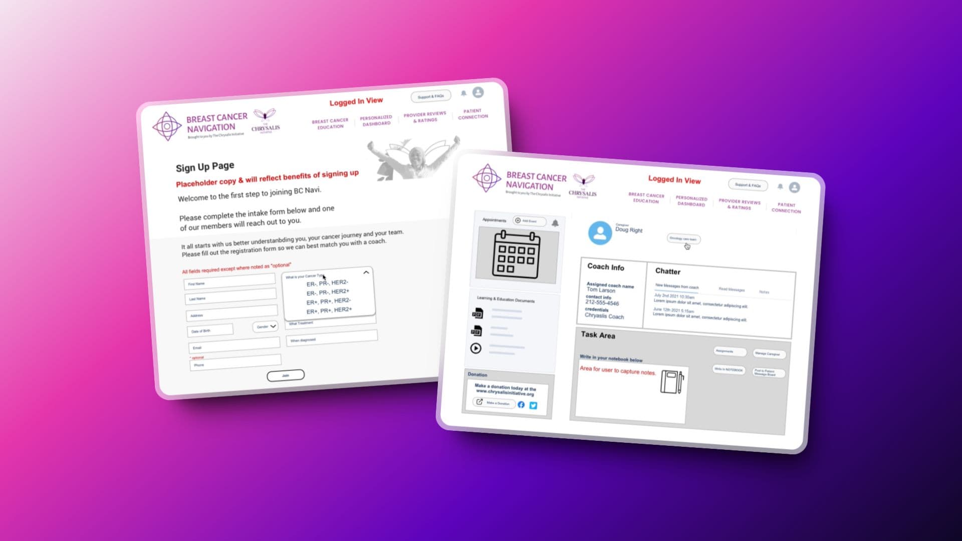 BC Navi platform screens: sign-up page intake and member logged-in dashboard view