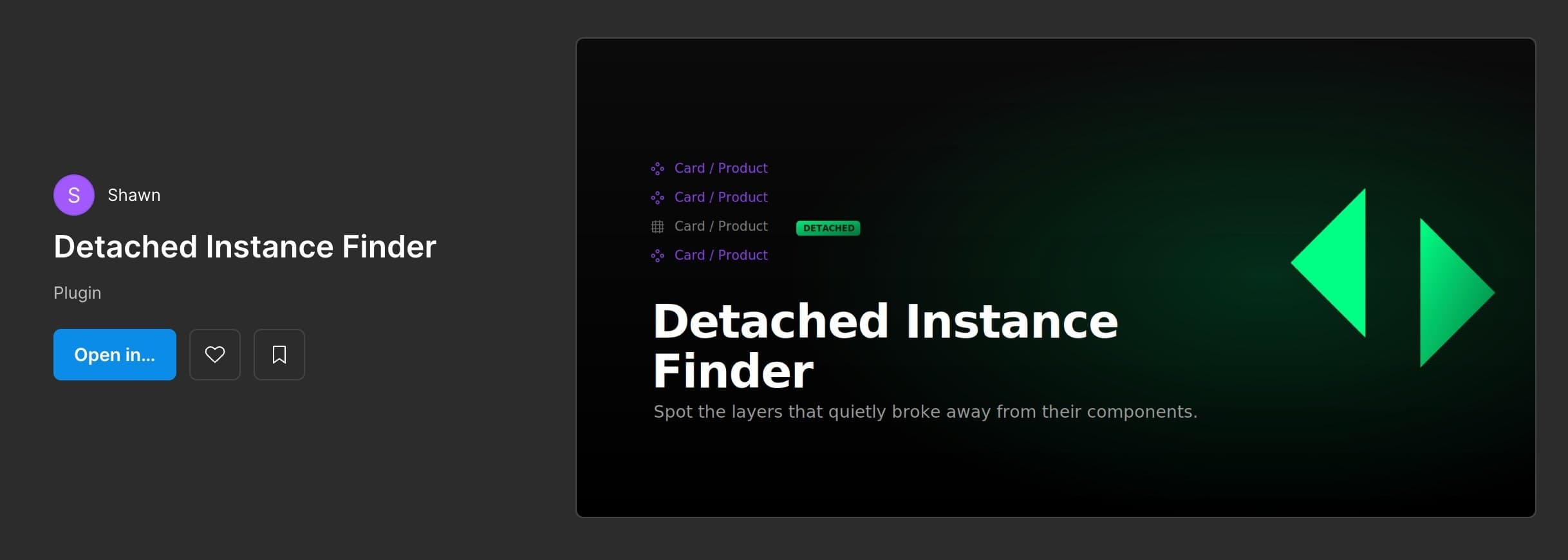 Detached Instance Finder listing in the Figma Community, showing the plugin cover art and a layer list with one frame flagged as detached among live instances