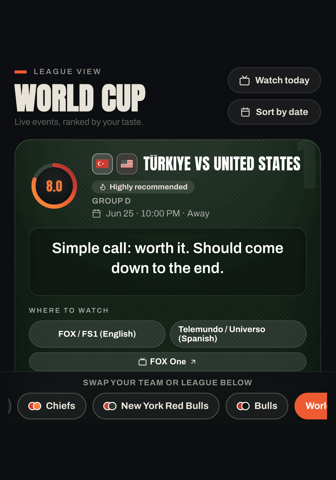 CourtVisual World Cup view: Turkiye vs United States scored 8.0, both federation crests beside the matchup, green pitch color, and where-to-watch.