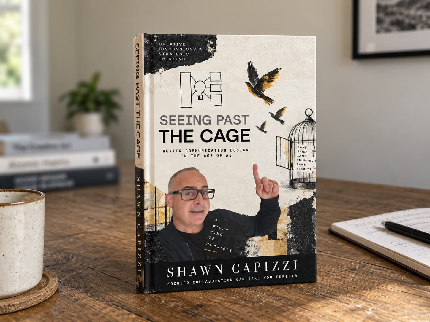 Seeing Past the Cage by Shawn Capizzi, a hardcover standing on a wooden desk