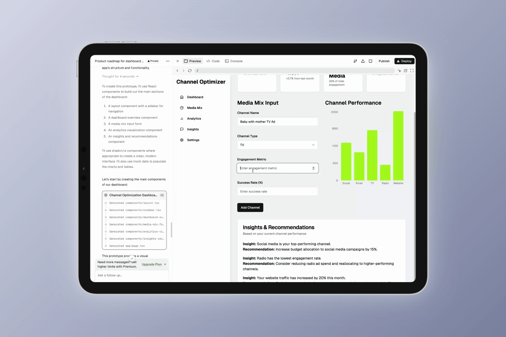 Channel Optimizer media-mix dashboard built in v0, showing channel performance metrics and AI-generated reallocation recommendations