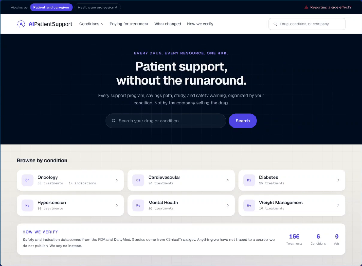 AI Patient Support, live: the home page with condition search and the browse-by-condition grid