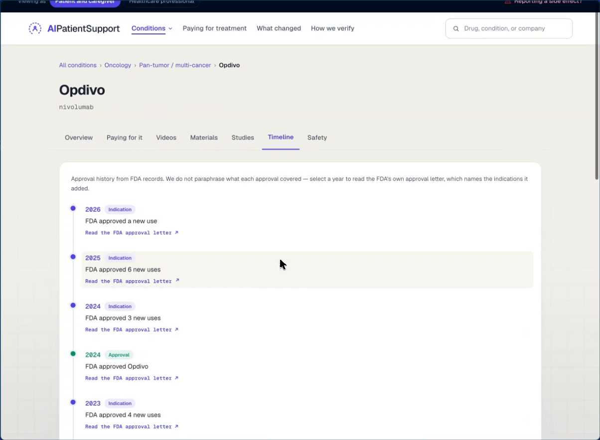 AI Patient Support, live: a drug page's approval timeline, each entry linking to the FDA's own approval letter
