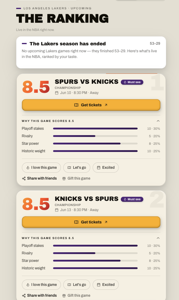 The middle build: a ranked slate, each game scored with a why-it-scores breakdown.